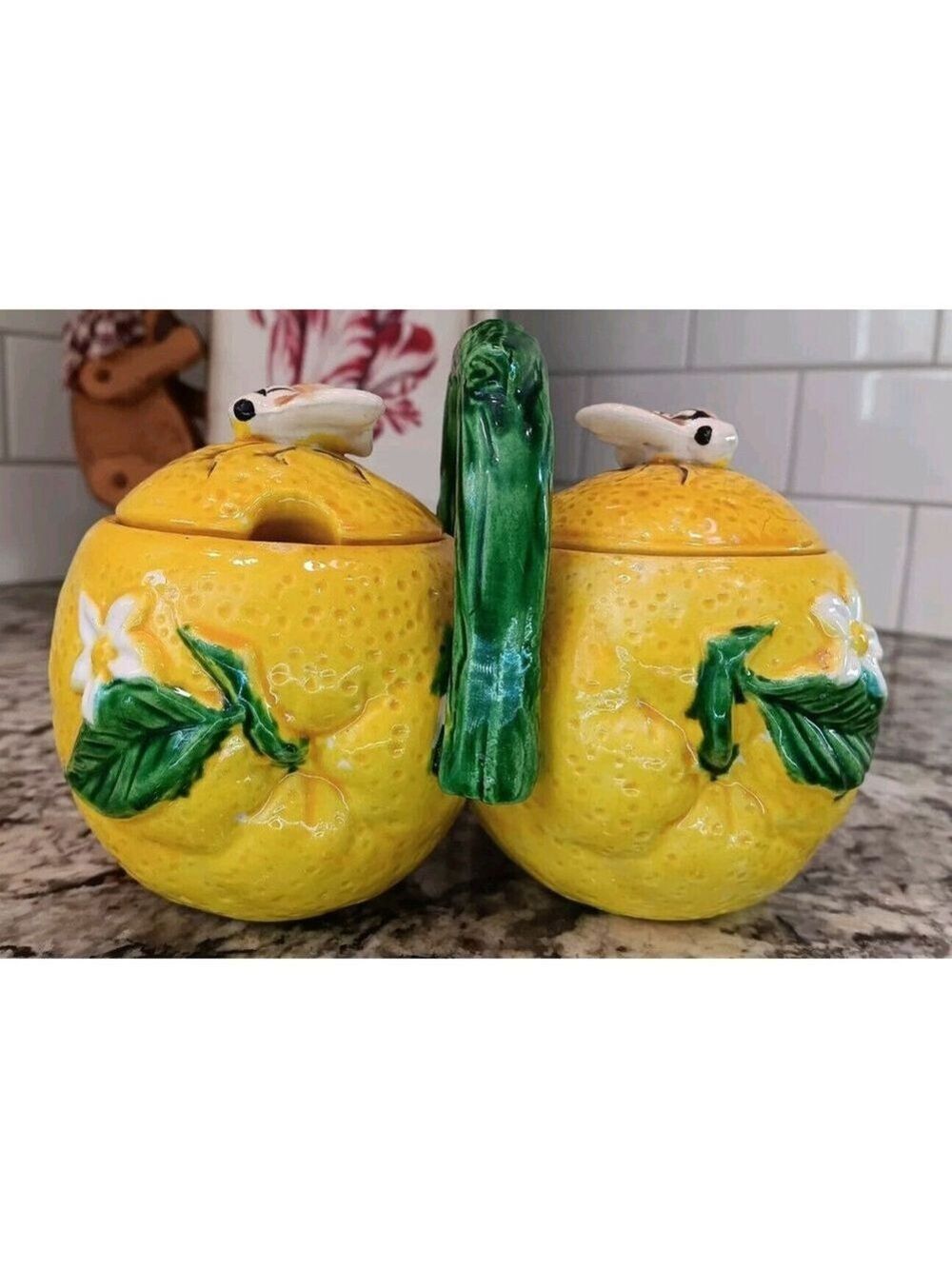 Vintage Yellow Lemons Jam Pot with Bees Flies on Lid MCM design ESD Japan M772